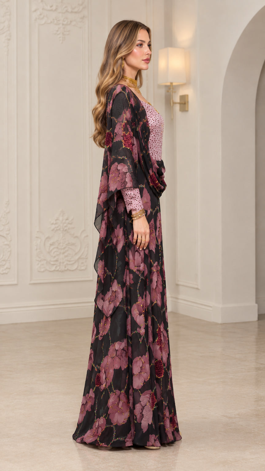 Side angle view of Black floral embellished kaftan maxi gown