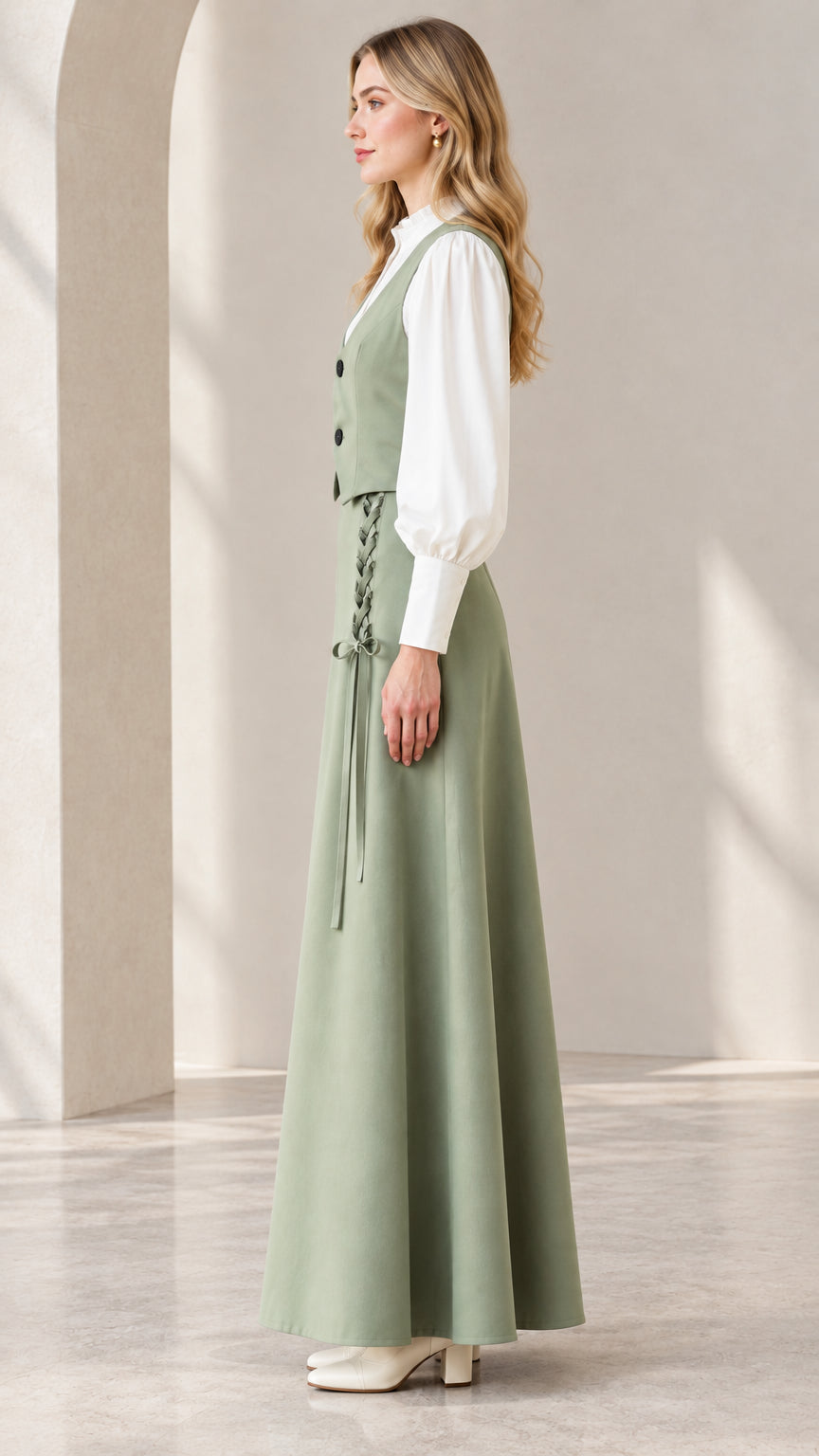 Side profile view of sage green vintage vest and maxi skirt set