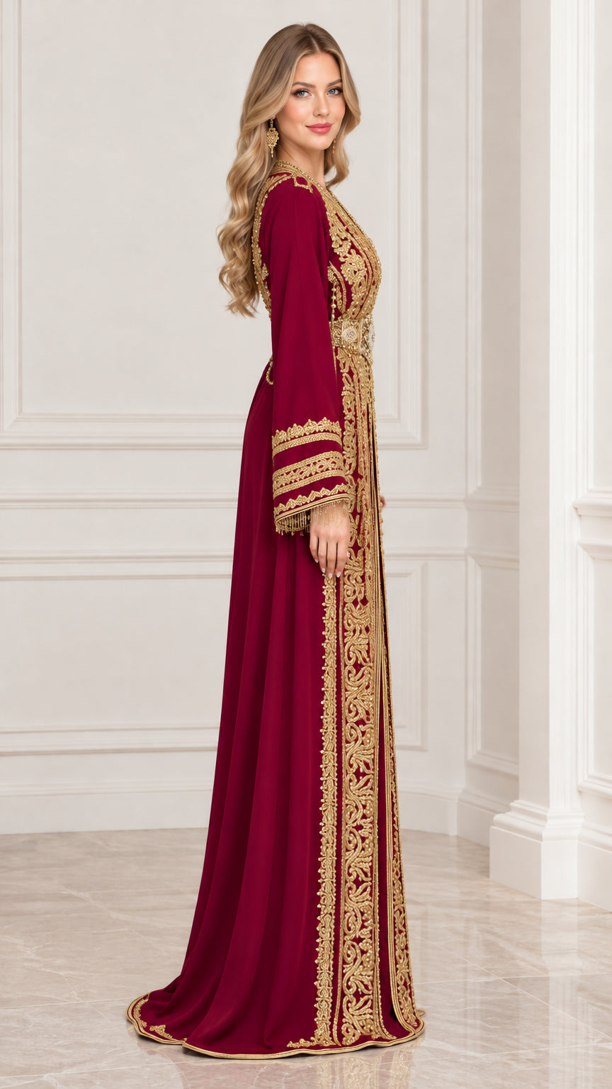 Side profile of floor-length burgundy kaftan evening gown