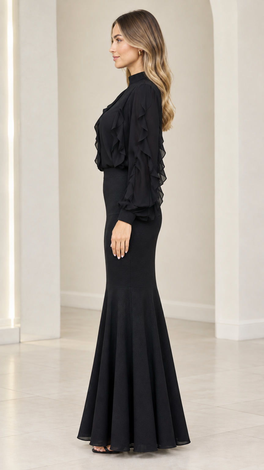 Side profile of black mock neck ruffle sleeve mermaid maxi dress