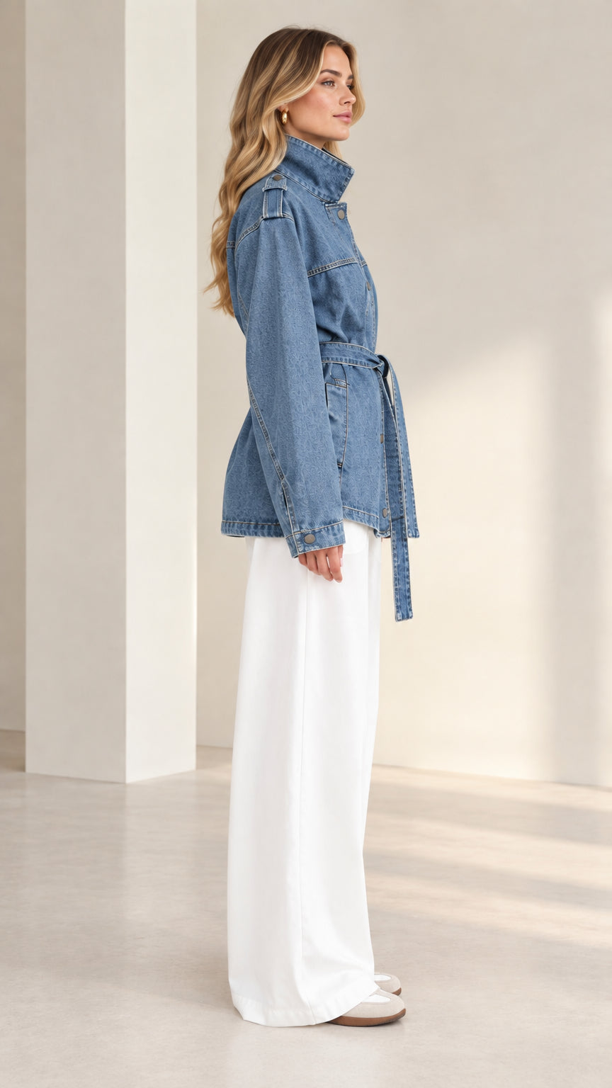 Side profile view of model wearing denim blue belted jacket showing relaxed fit and waist tie