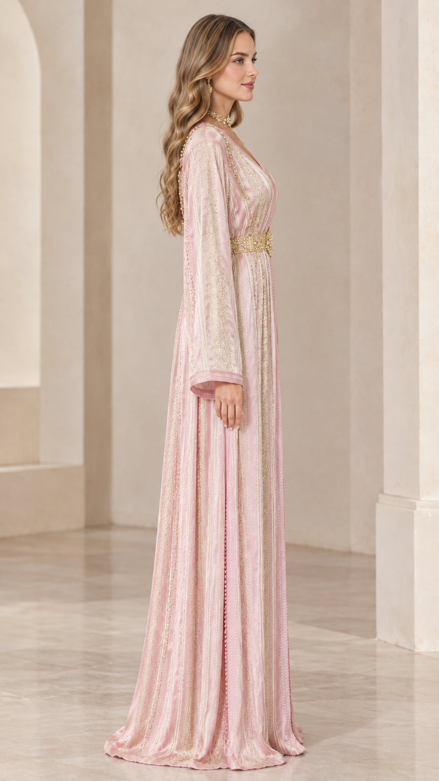 Side angle view of model wearing Blush Pink floor-length embroidered kaftan gown