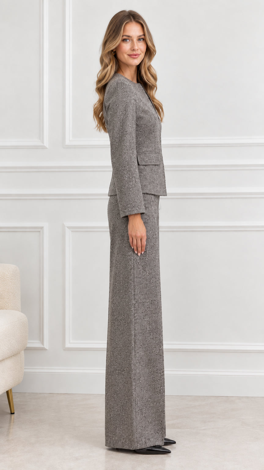 Side profile view of model wearing Grey tweed two-piece suit set