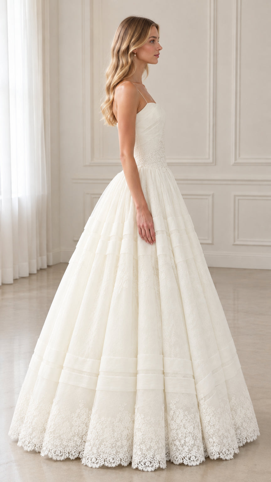 Side profile of ivory formal ballgown showing voluminous tiered skirt