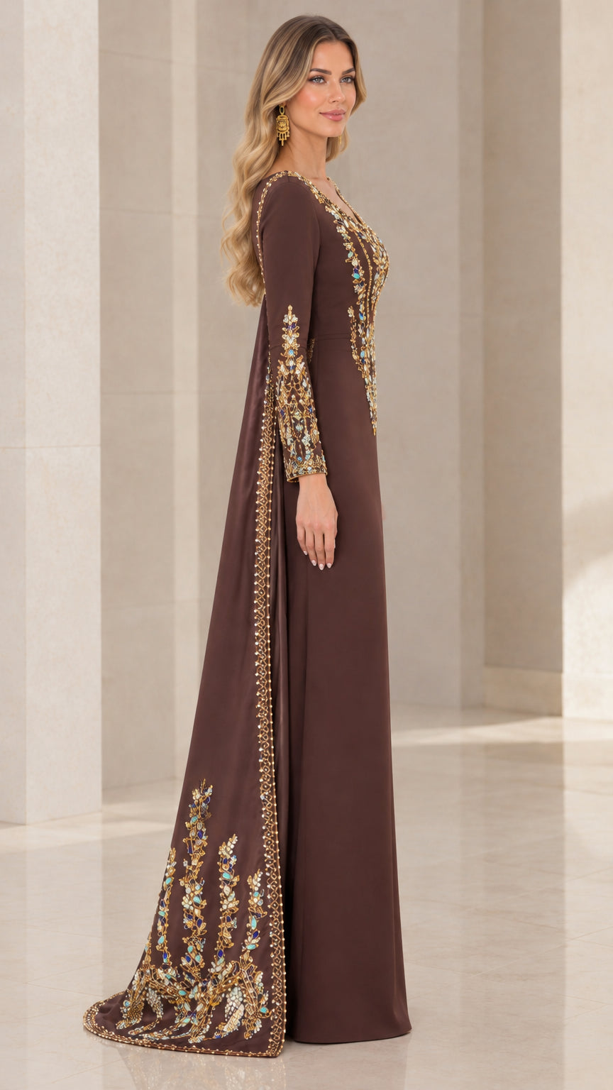 Side profile of chocolate brown formal gown showing sweeping cape drape
