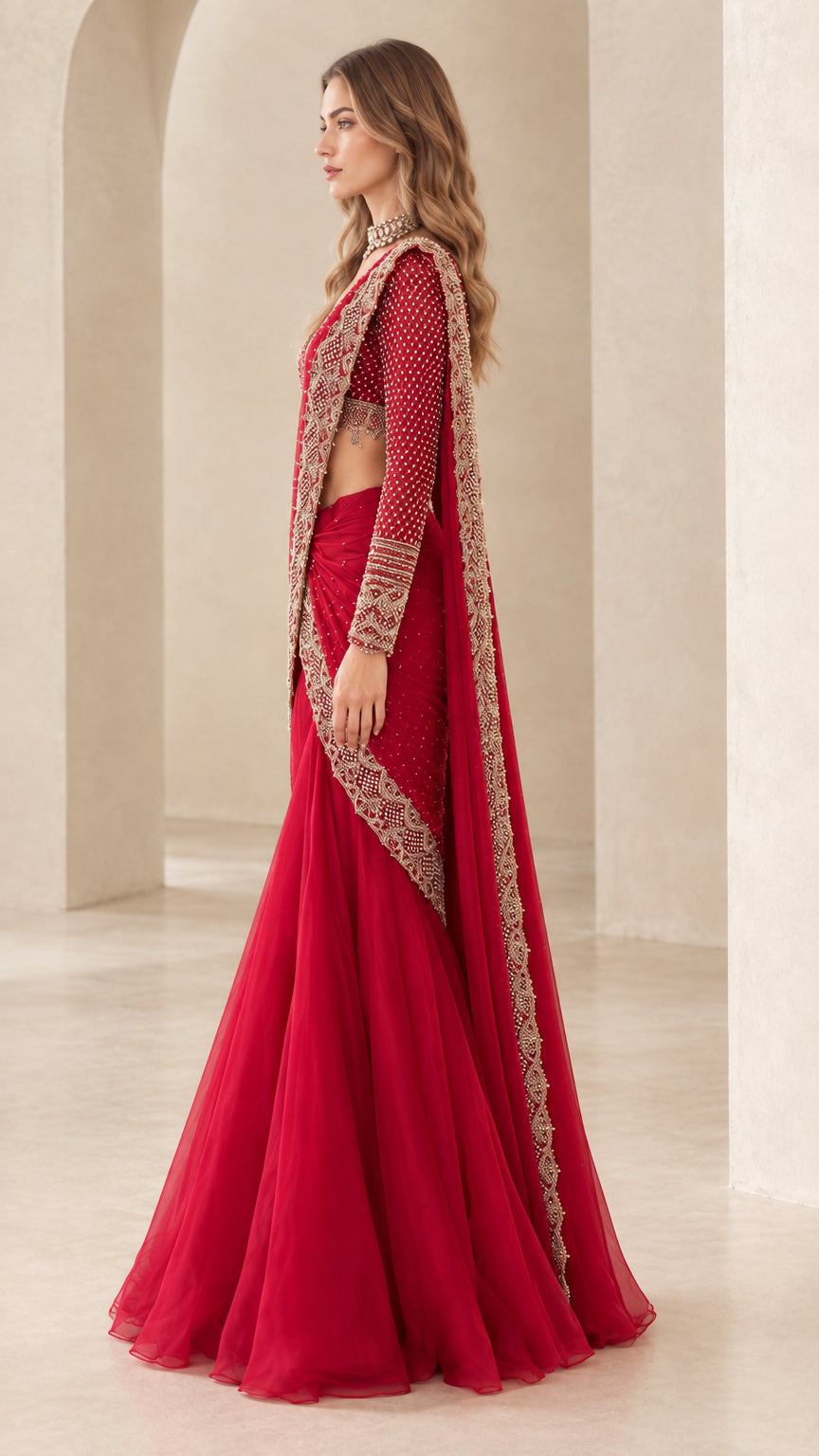 Side profile of crimson red pre-draped lehenga saree showing shoulder drape and sleeve embroidery