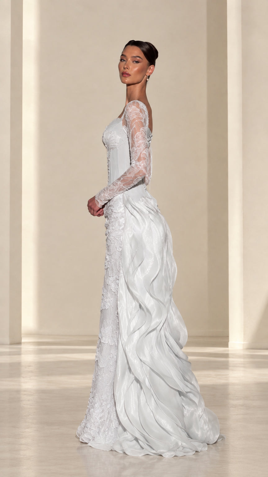 Side profile of ice blue formal corset dress showing cascading ruffle train