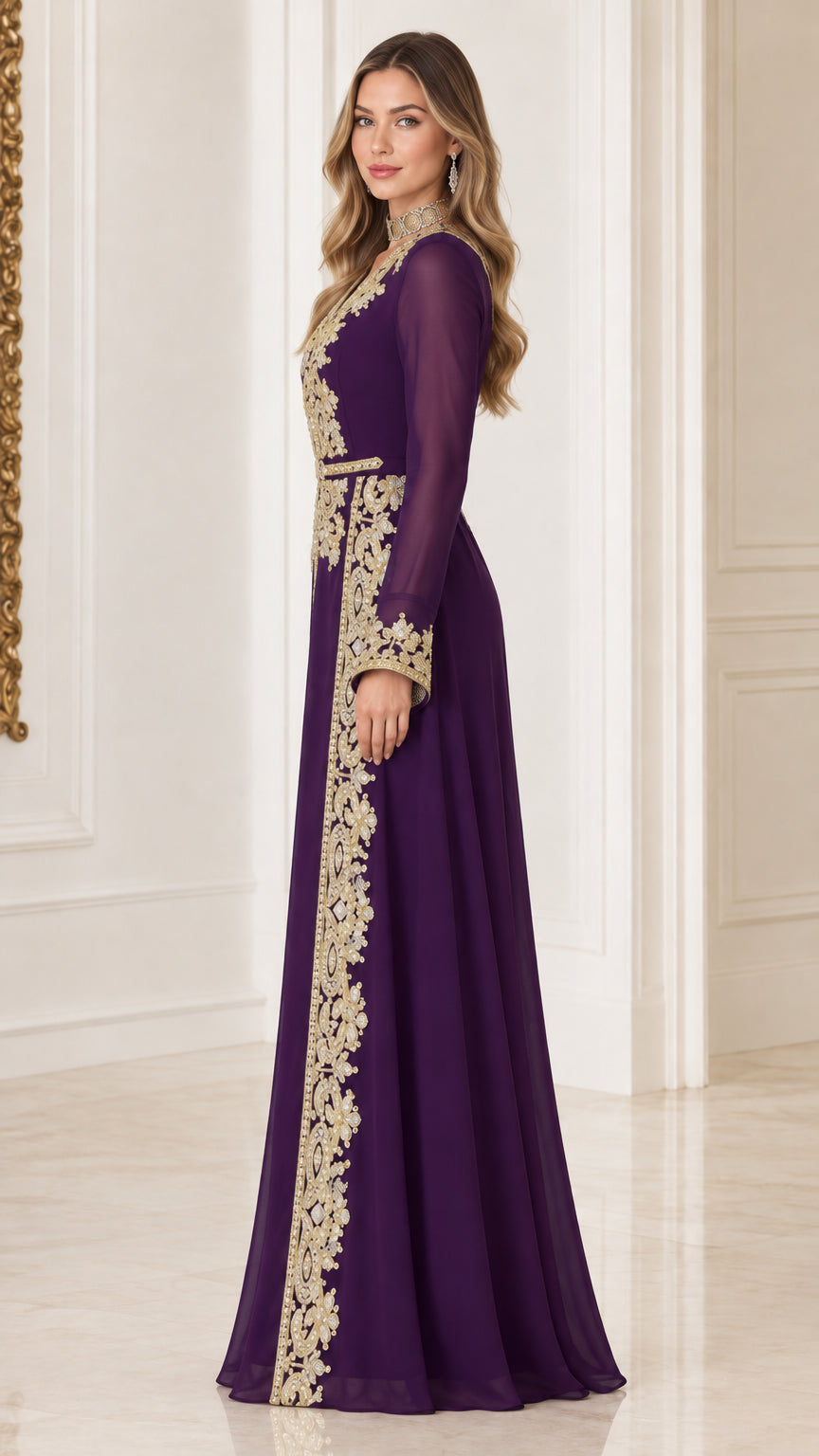 Side profile view of purple long sleeve formal caftan gown