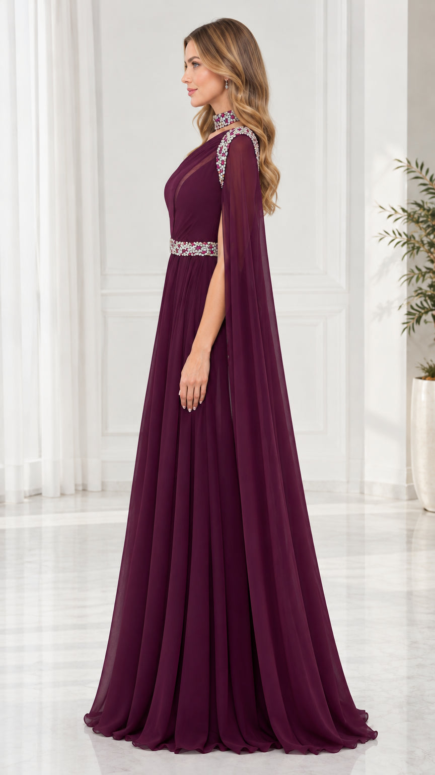 Side profile of model wearing Burgundy chiffon cape formal dress