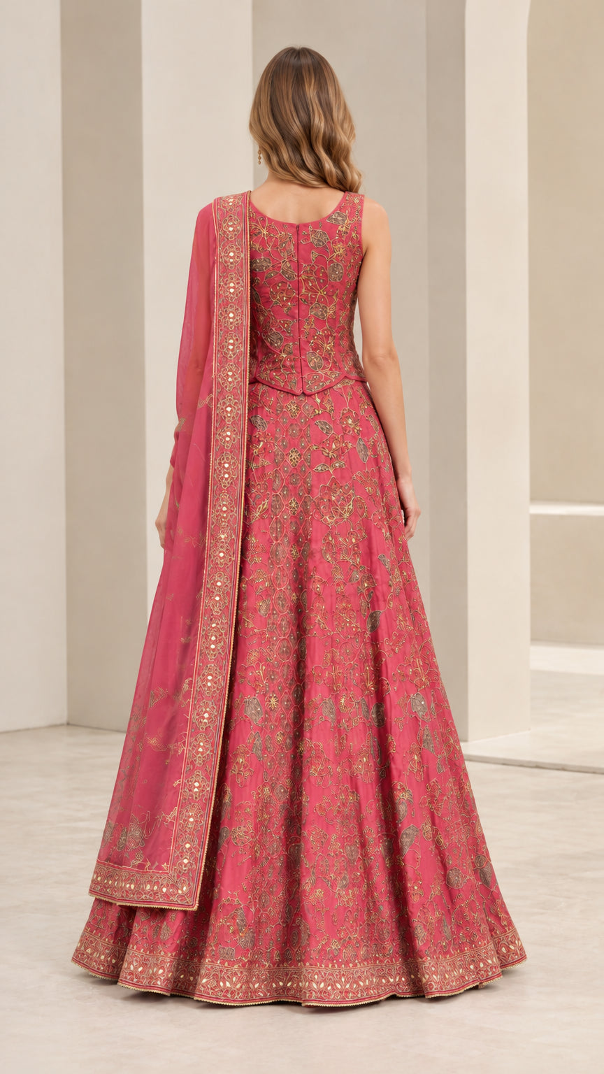 Back full-length view of woman wearing rose pink sleeveless lehenga choli ensemble