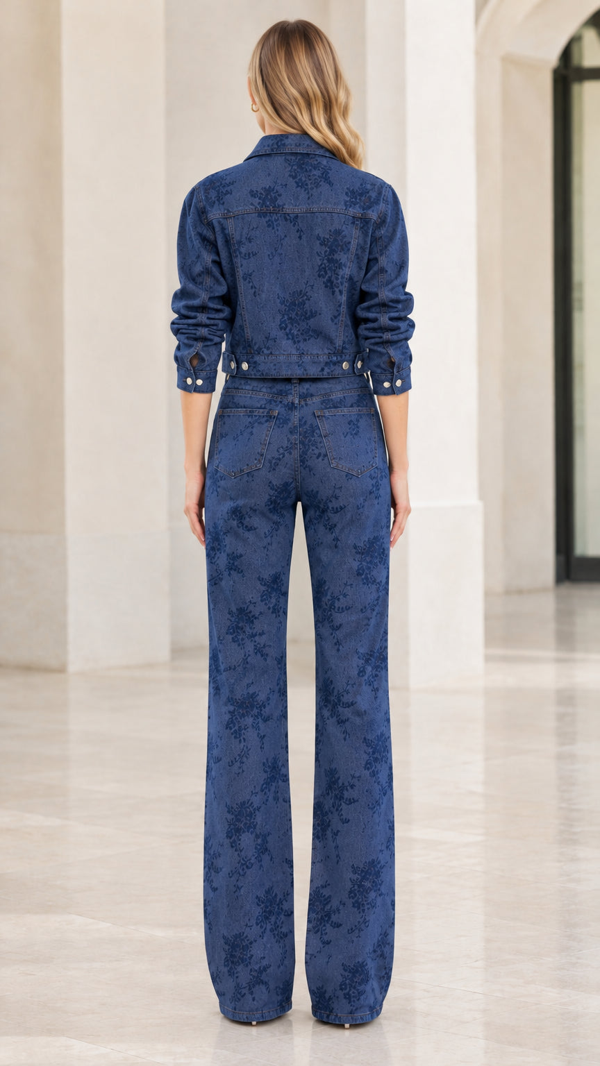 Back view of denim blue cropped jacket and high-rise wide-leg pants set
