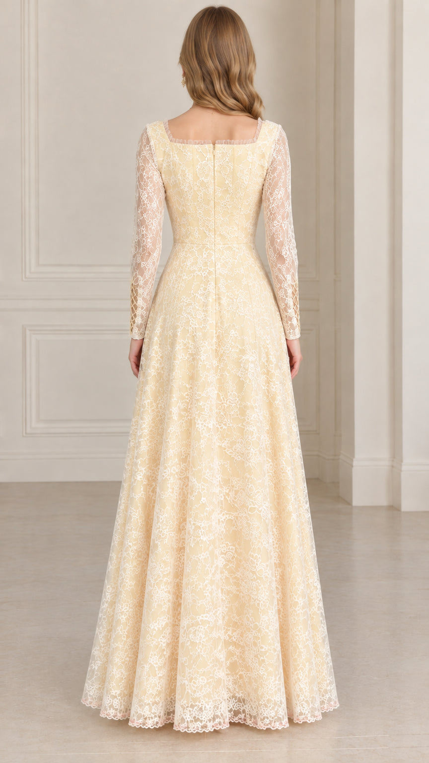 Back view of model wearing butter yellow square neck lace evening gown