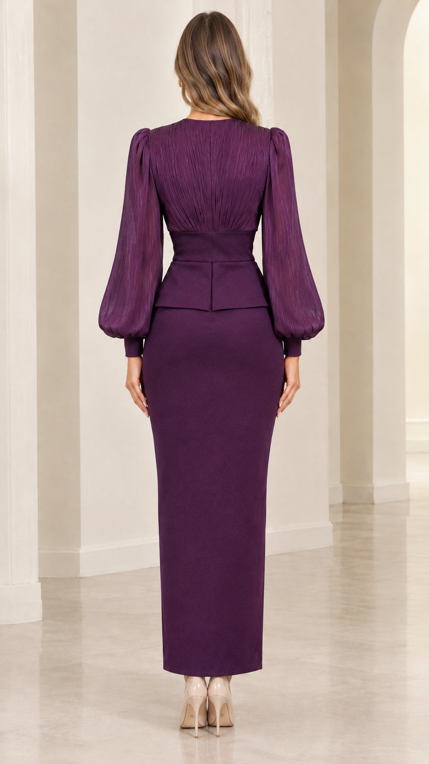 Back view of model in deep purple long sleeve formal maxi dress