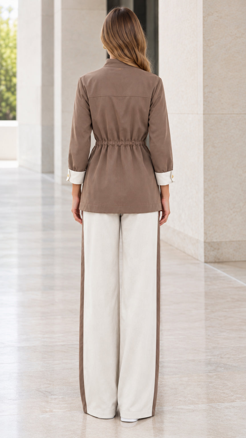 Back view of woman wearing Mocha drawstring jacket and wide-leg trousers