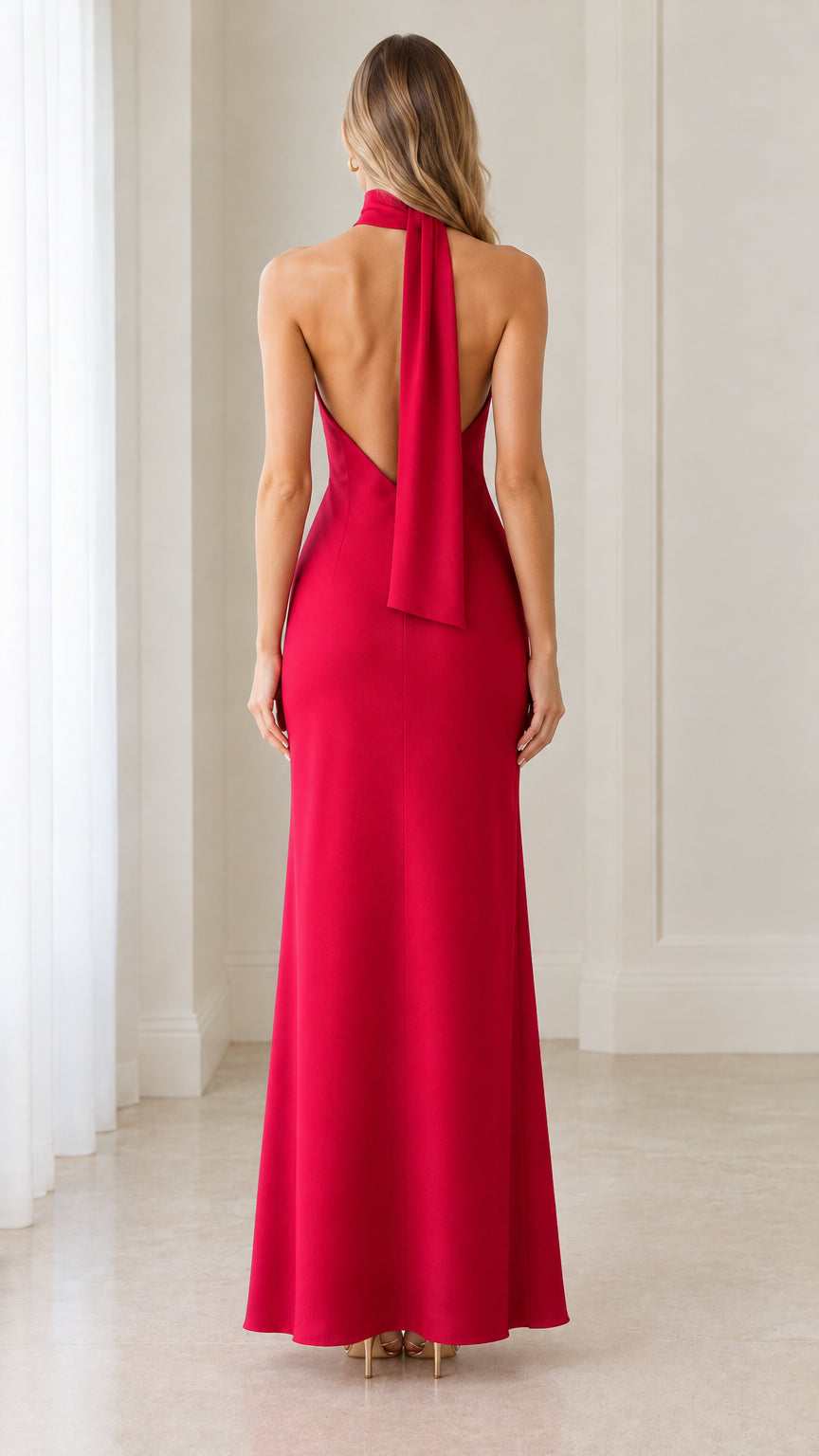 Back view showing low back cutout and flowing neck tie scarf on berry red maxi dress