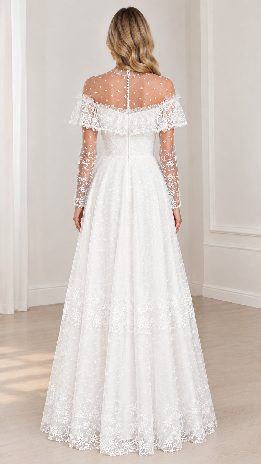 Back view of white lace evening gown showing button neck and zipper closure