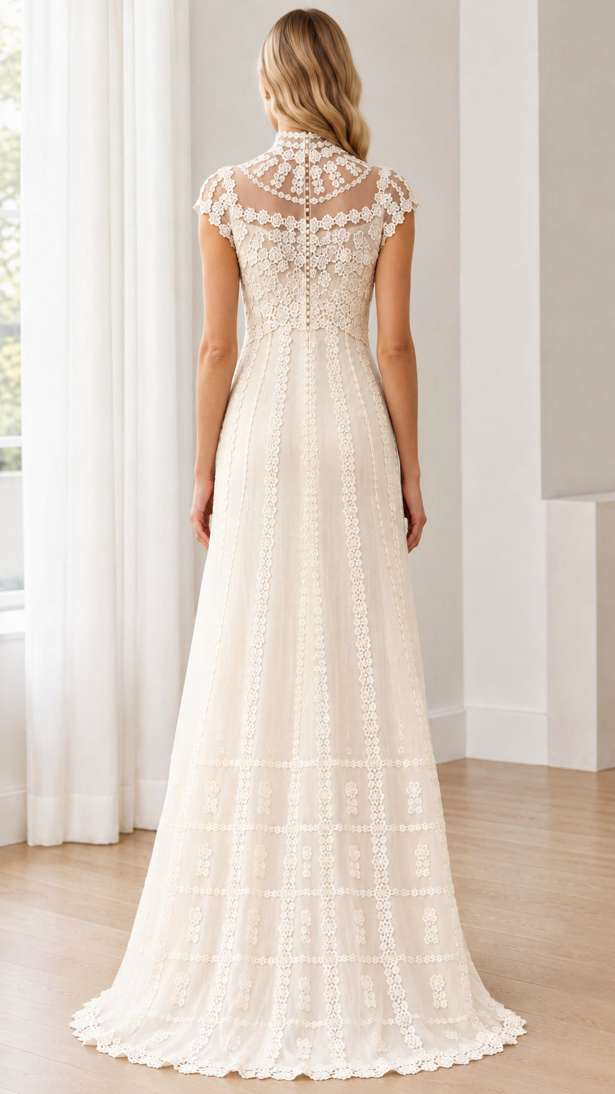 Back view of Ivory illusion lace gown with button accents