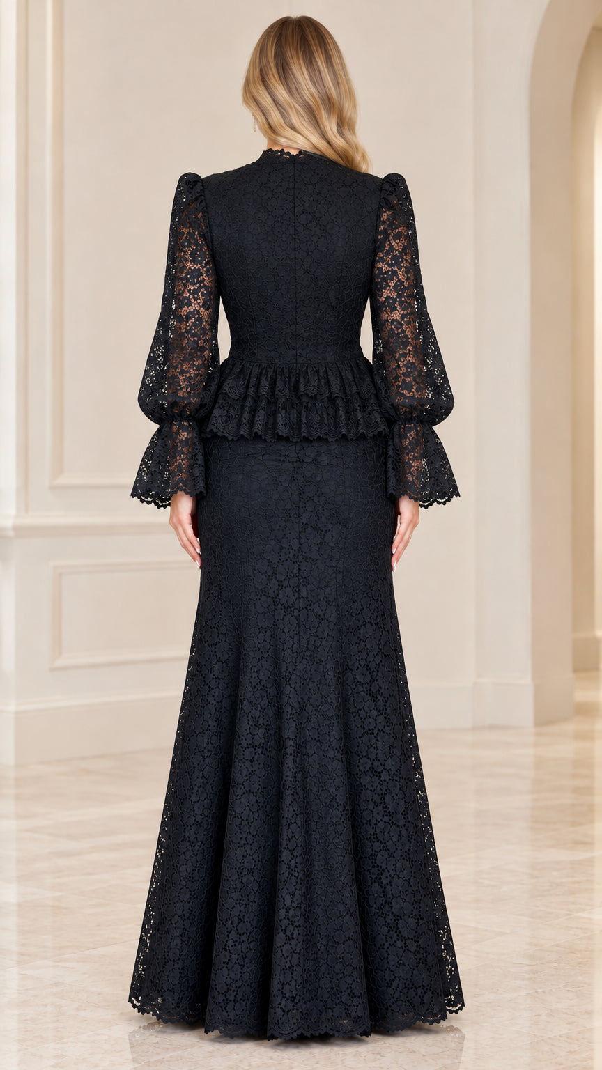 Back full-length view of black floral lace formal dress with invisible zipper