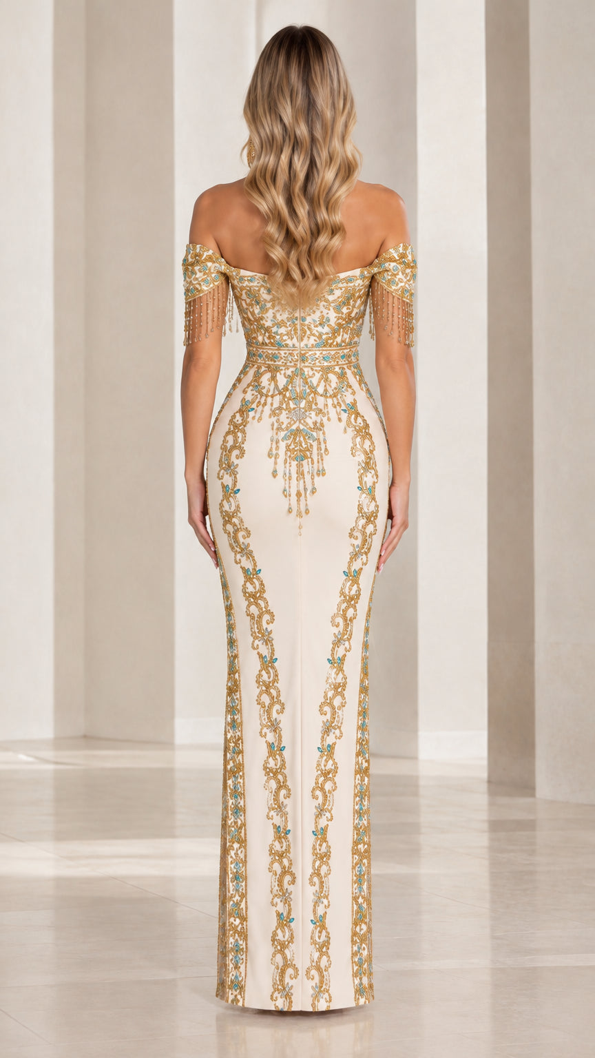 Back view of ivory off-the-shoulder embroidered formal gown