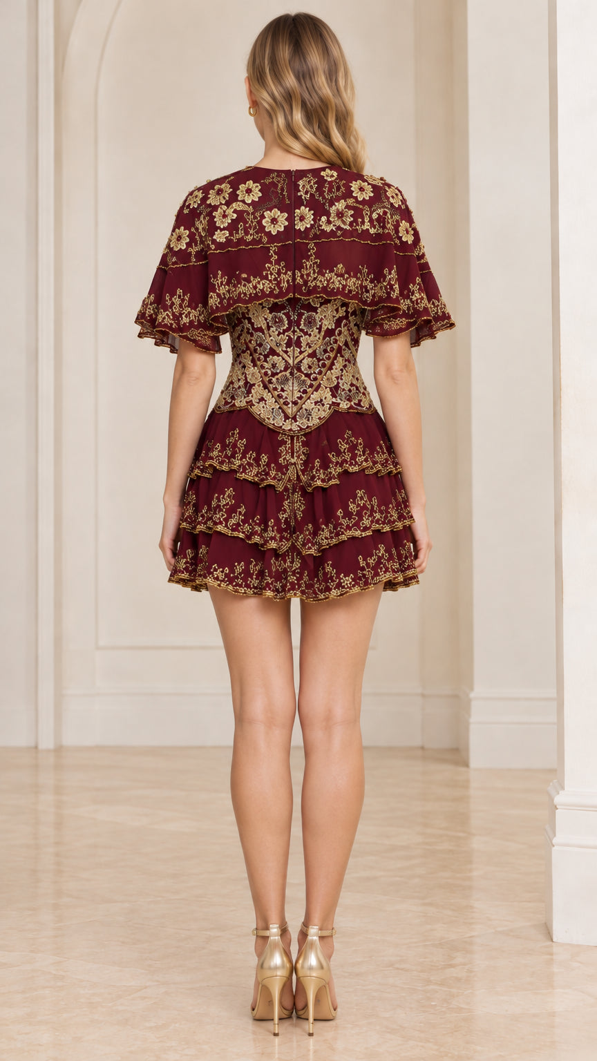 Burgundy embroidered capelet mini dress back view