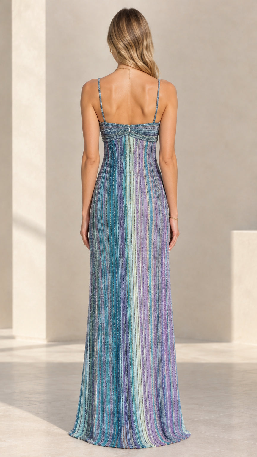 Back view of model in the ocean blue metallic shimmer column maxi dress