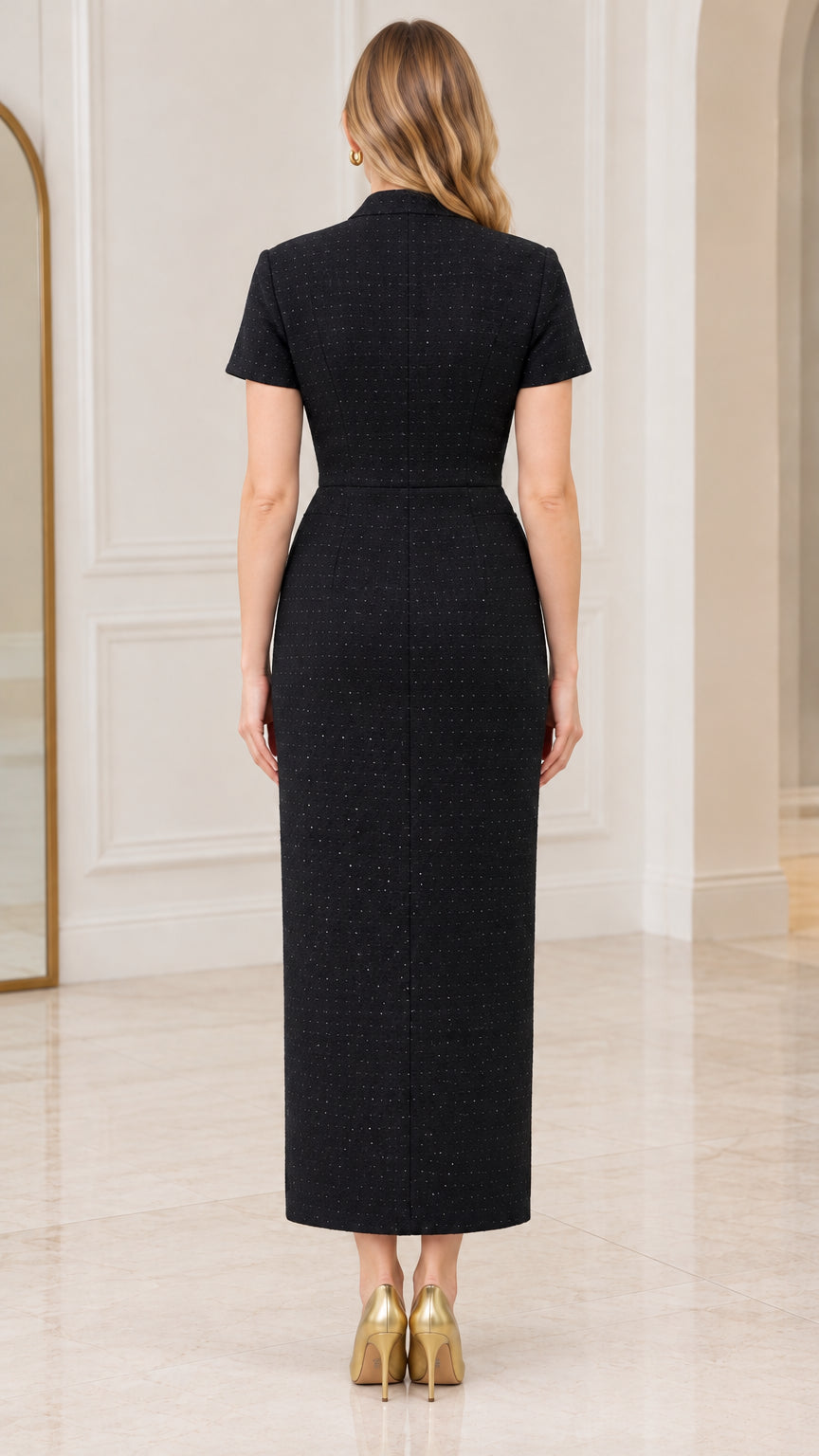 Back view of model wearing black short-sleeve tweed sheath dress