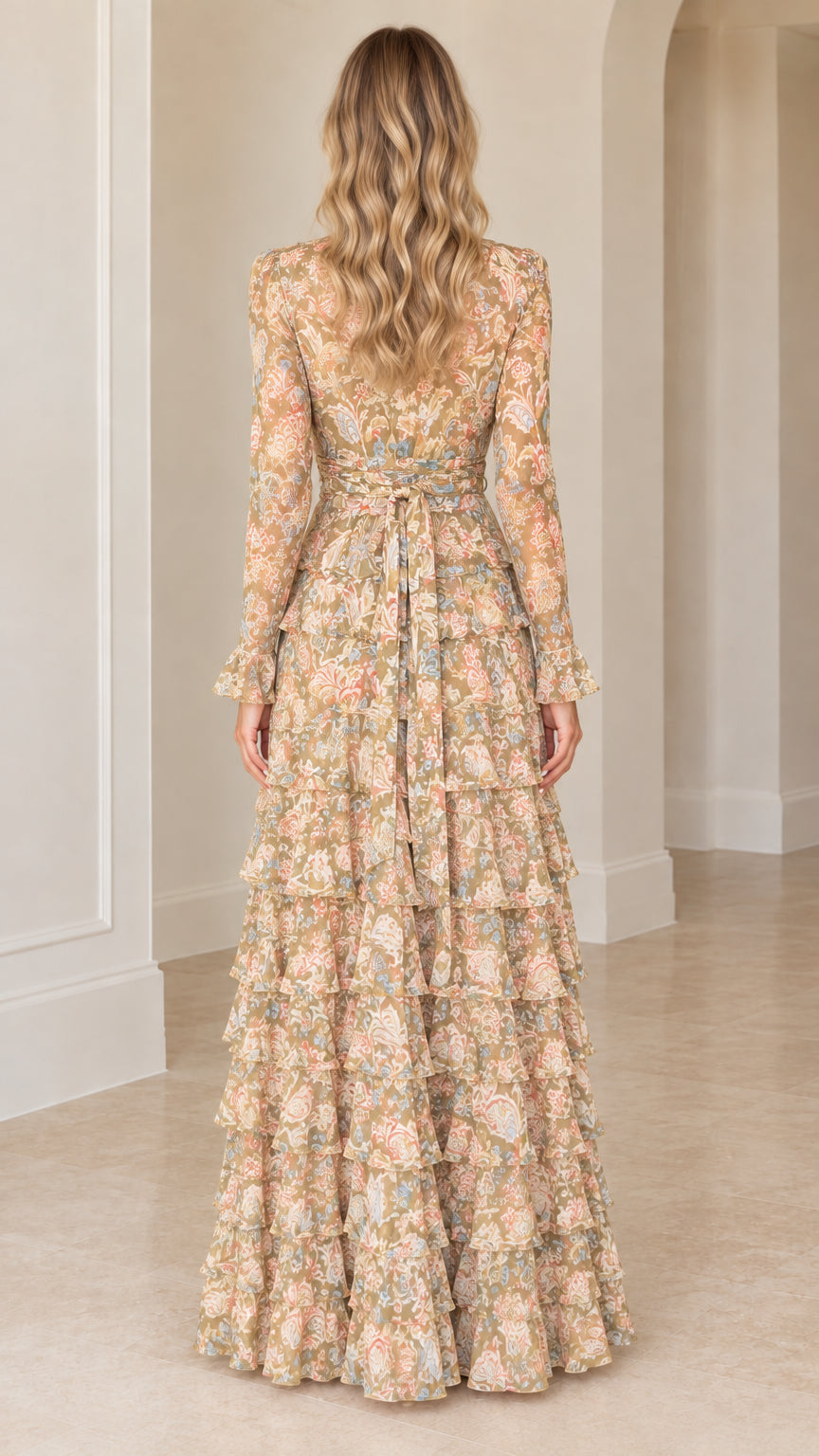 Back view of model wearing beige floral tiered long sleeve maxi dress with tie belt