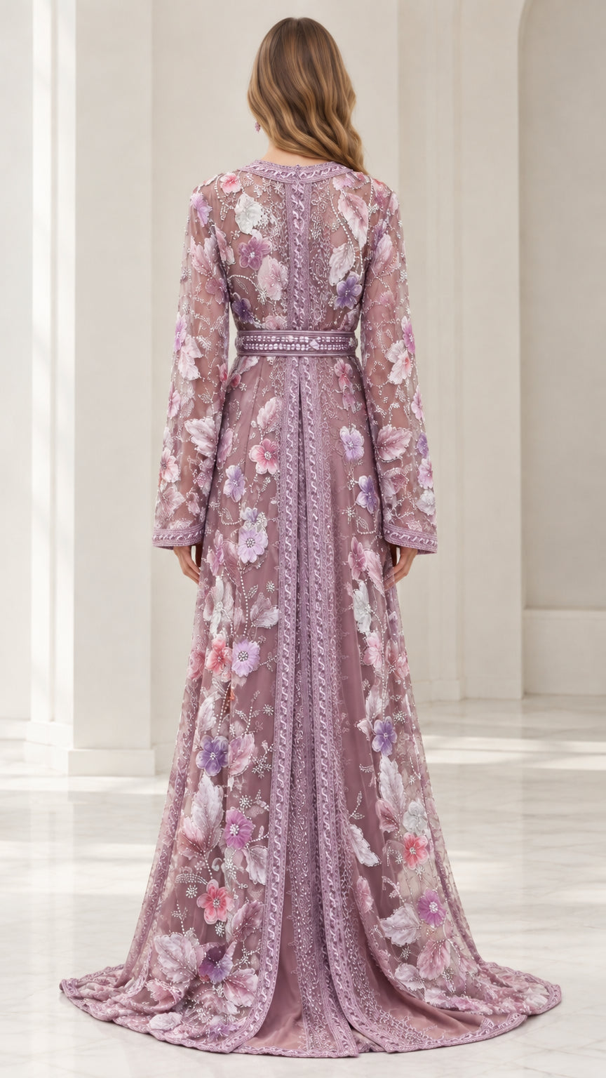 Back view of dusty mauve embroidered evening caftan dress with floor-sweeping hem