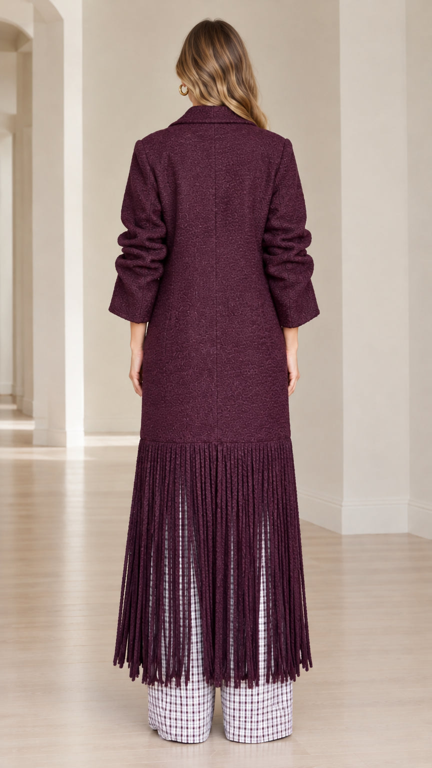Back full-length view of model in Burgundy fringe hem longline coat