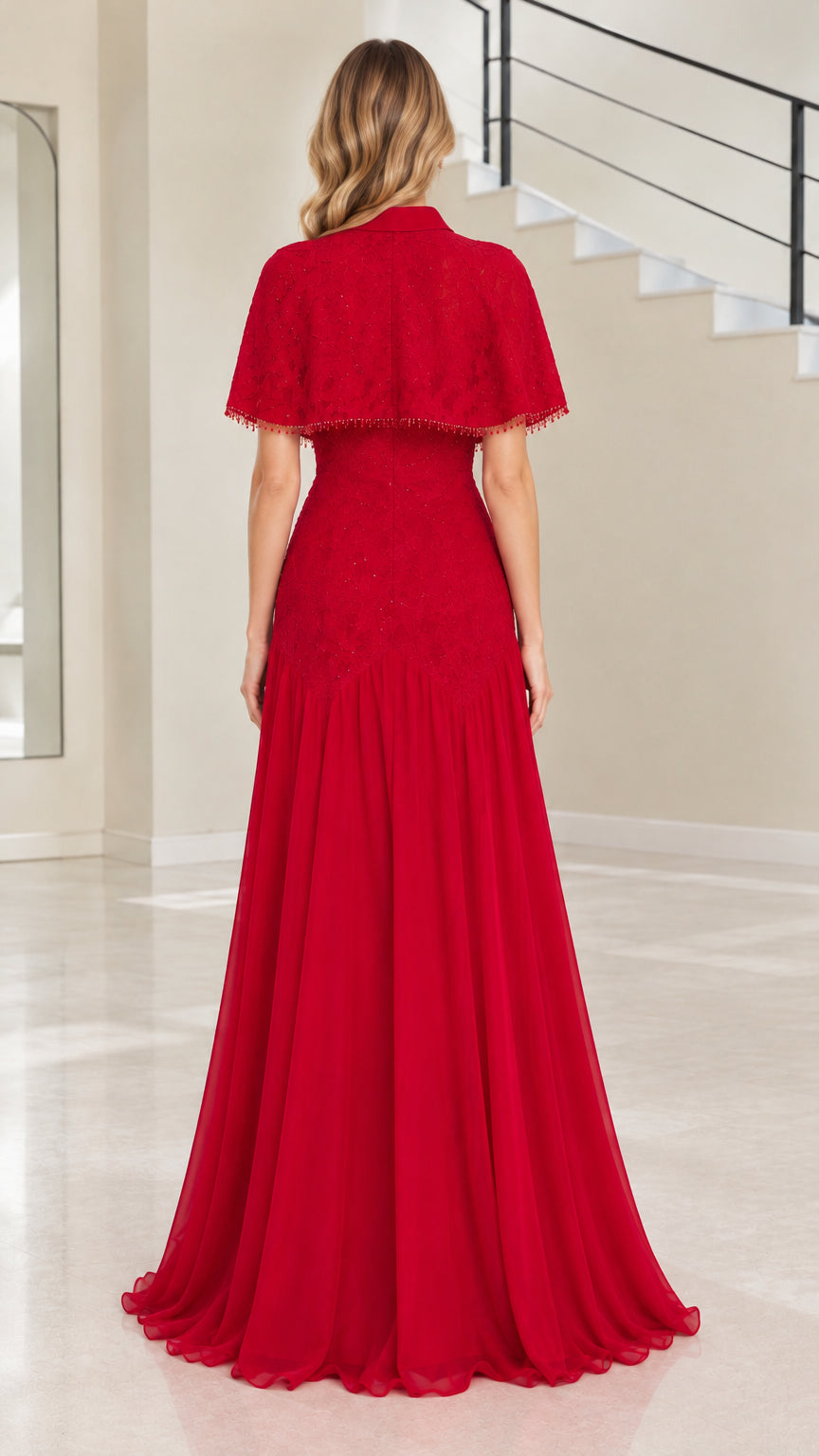 Back view of floor-length red evening gown with capelet
