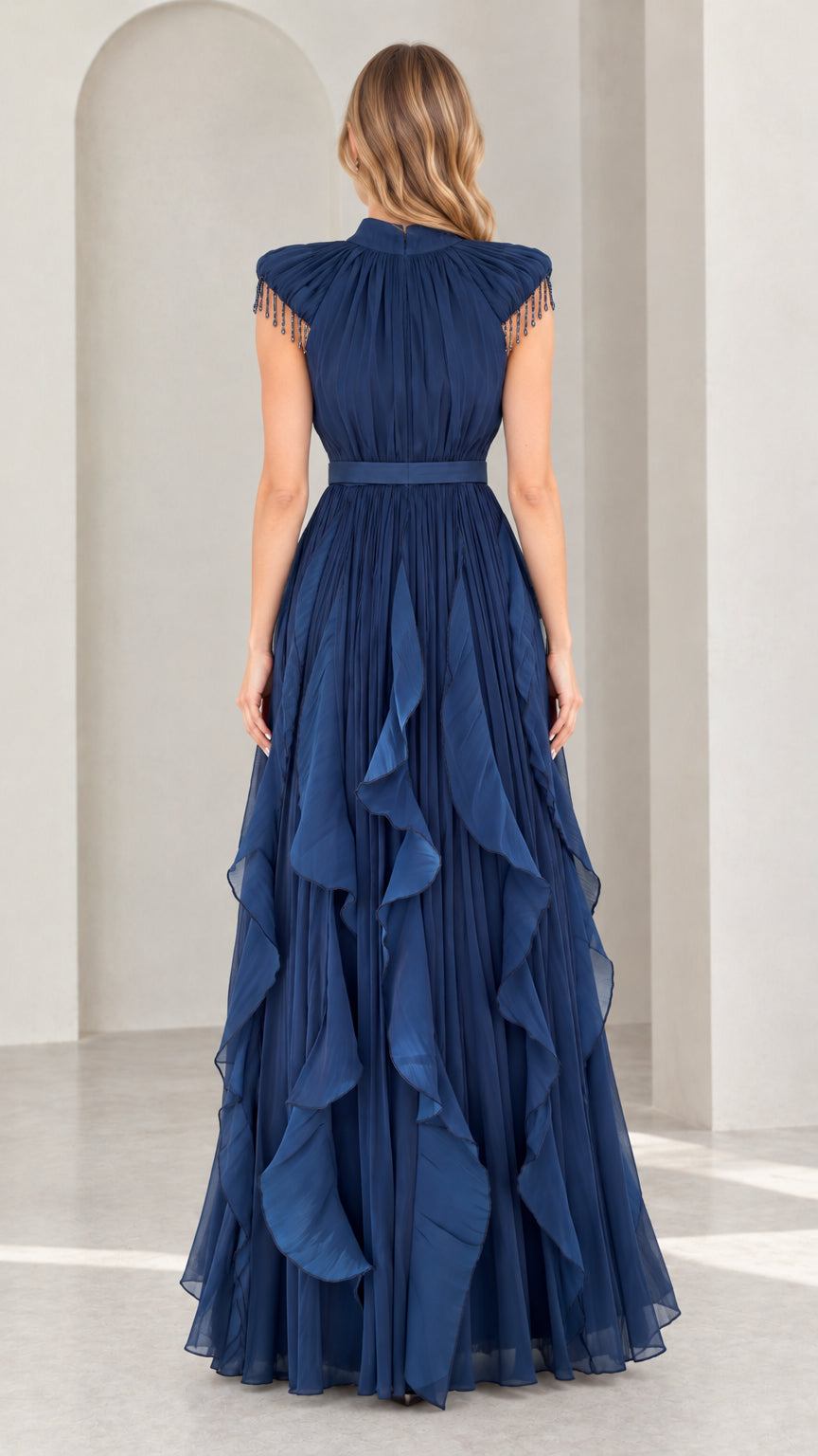 Navy Blue floor-length pleated evening dress - back view