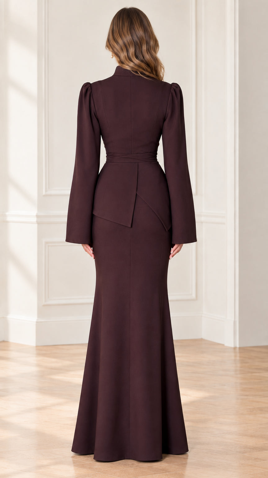 Back view of chocolate brown maxi dress showing back peplum and zipper