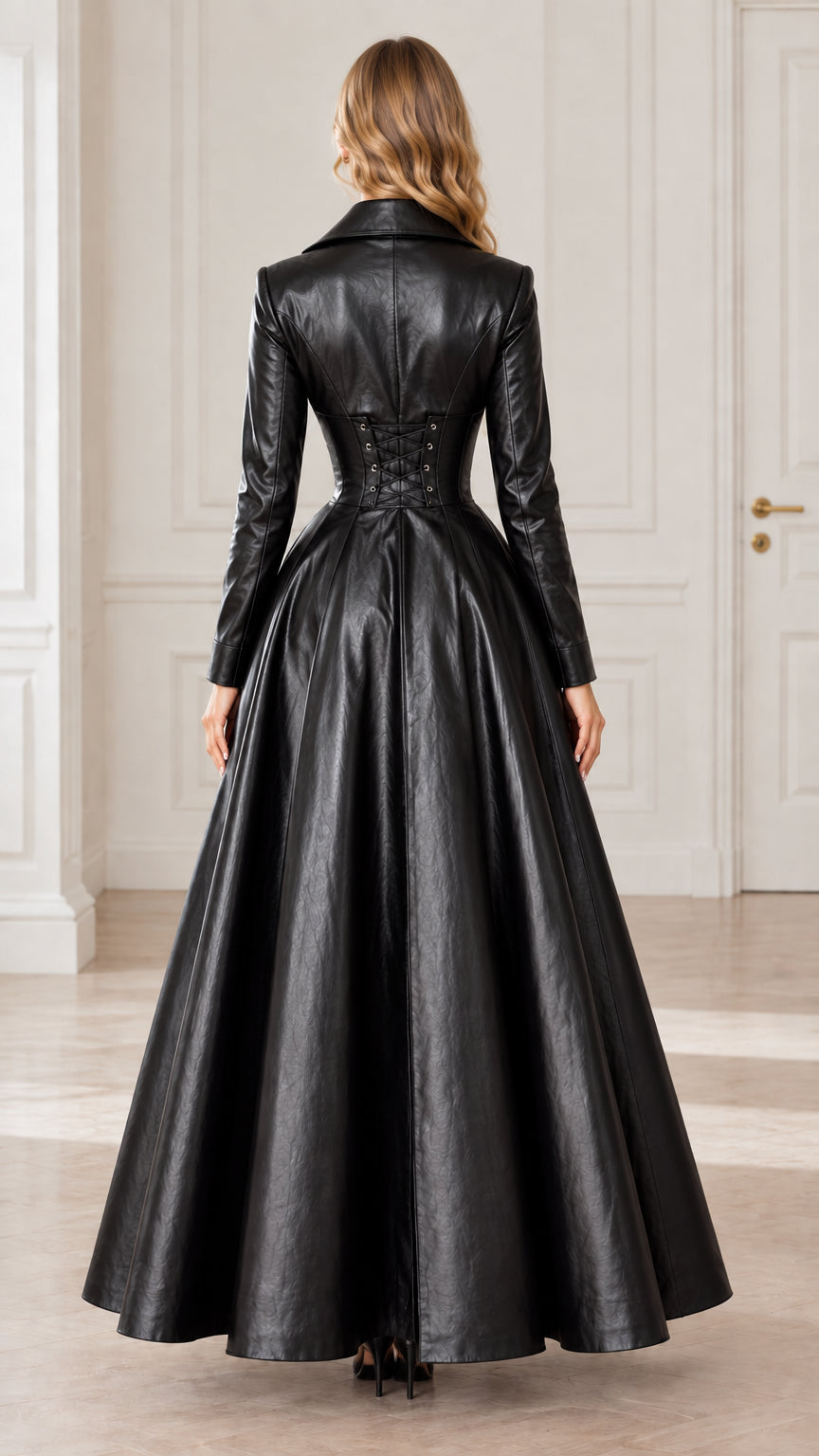 Back full-length view of black faux leather maxi dress showing corset lace-up detail