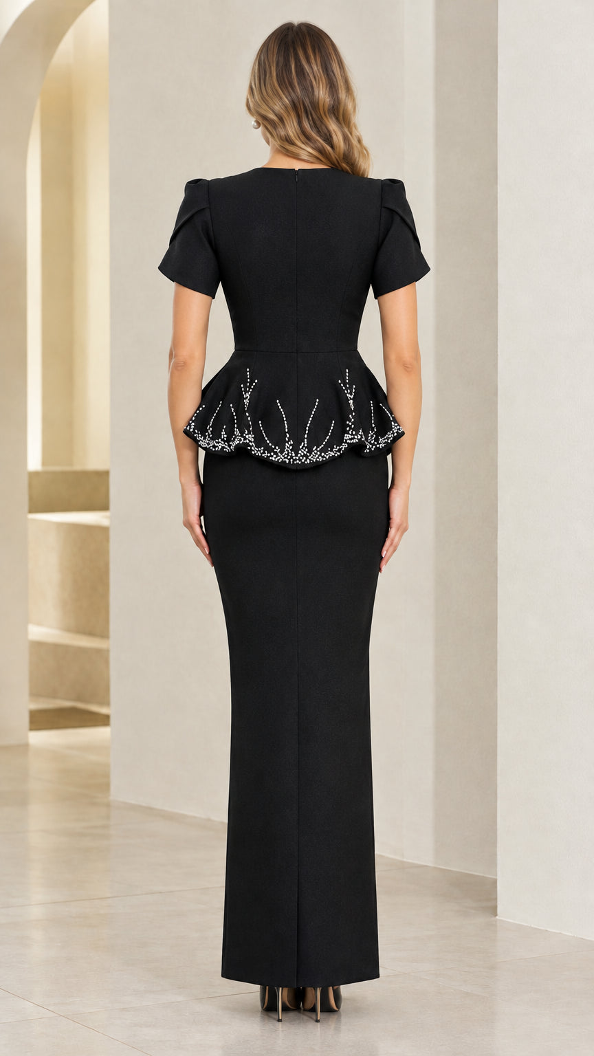 Back view of black square neck maxi dress with back slit