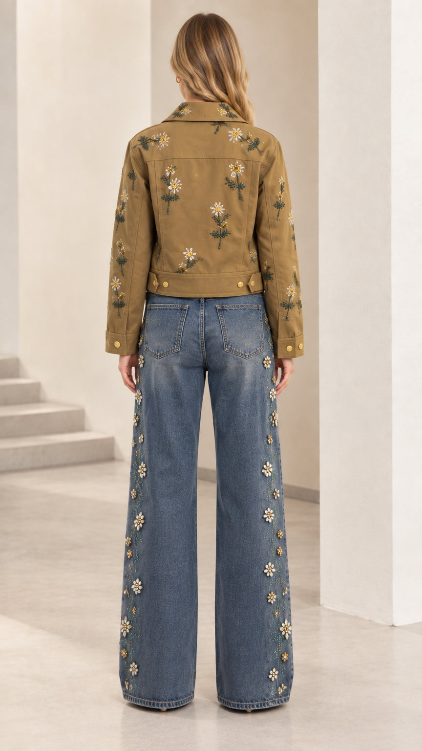 Back view of camel floral embroidered utility jacket