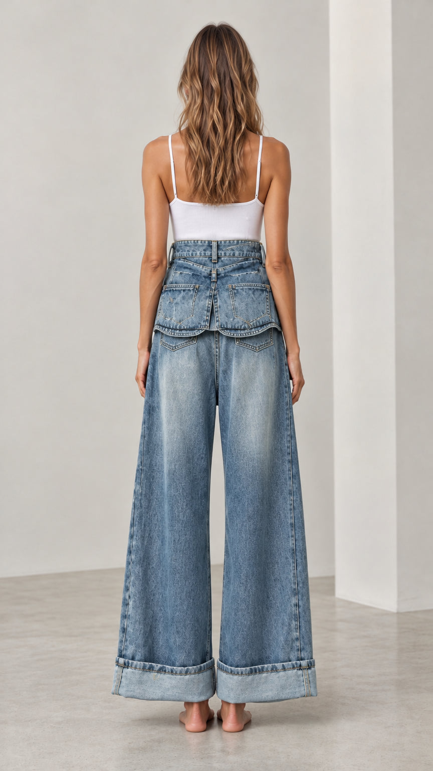 Back view of Washed Blue Fold-Over Waist Graphic Wide-Leg Jeans
