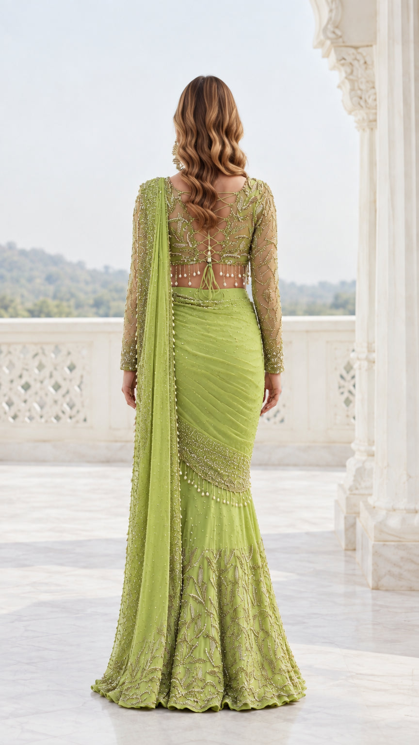 Back full-length view of lime green pre-draped saree gown with sheer embroidered back detail