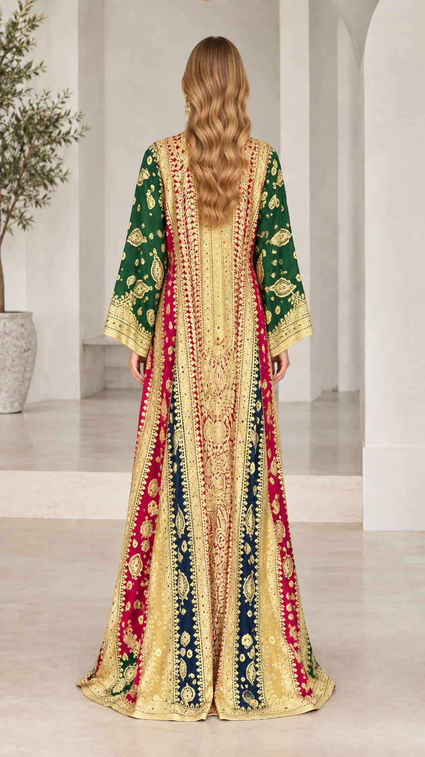 Emerald green embroidered kaftan back view showing intricate detailing