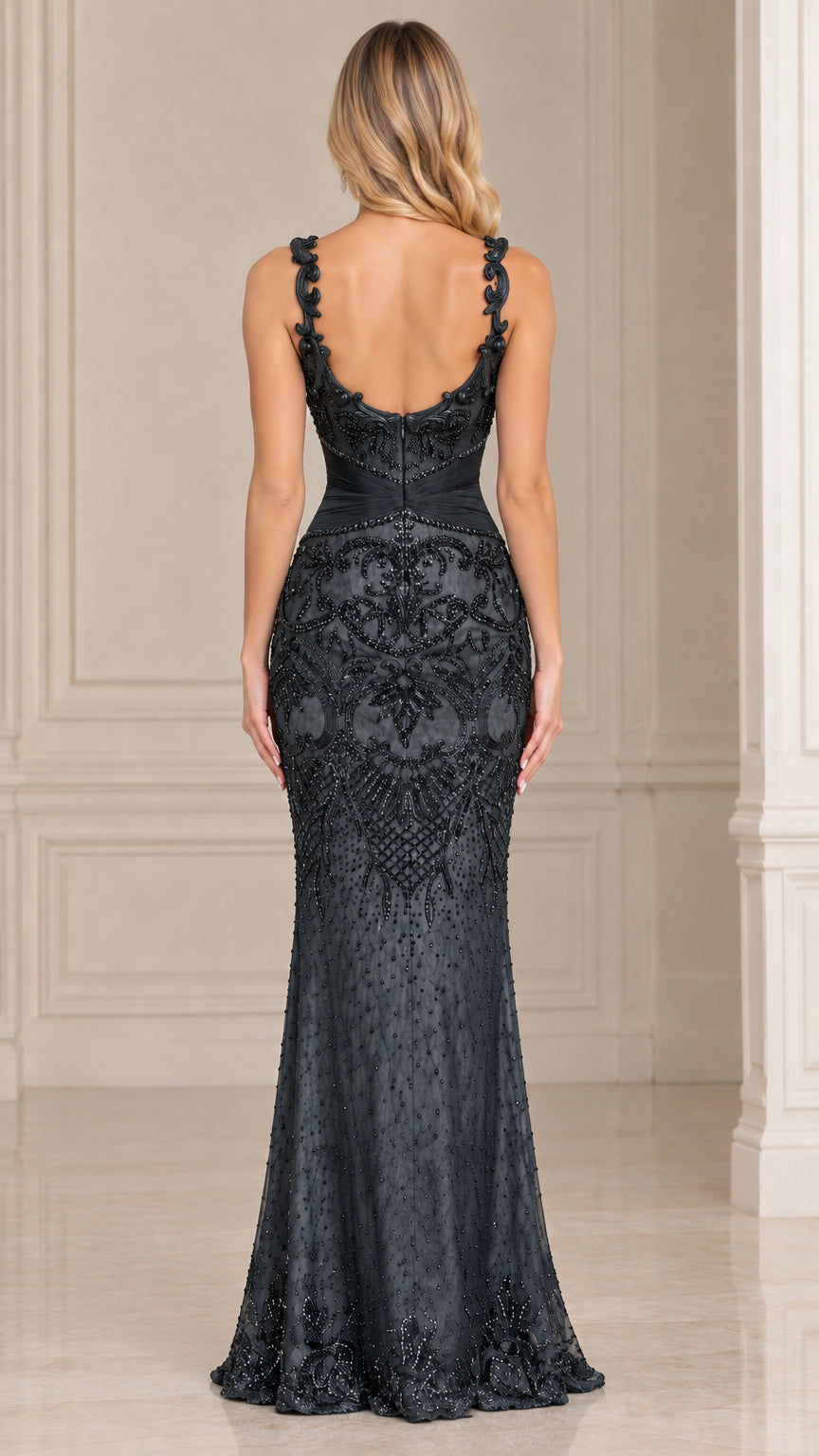 Back view of charcoal beaded evening gown showing low scoop back