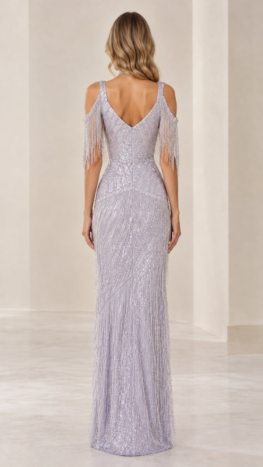 Back view of woman wearing Lilac cold shoulder V-back sequin evening dress