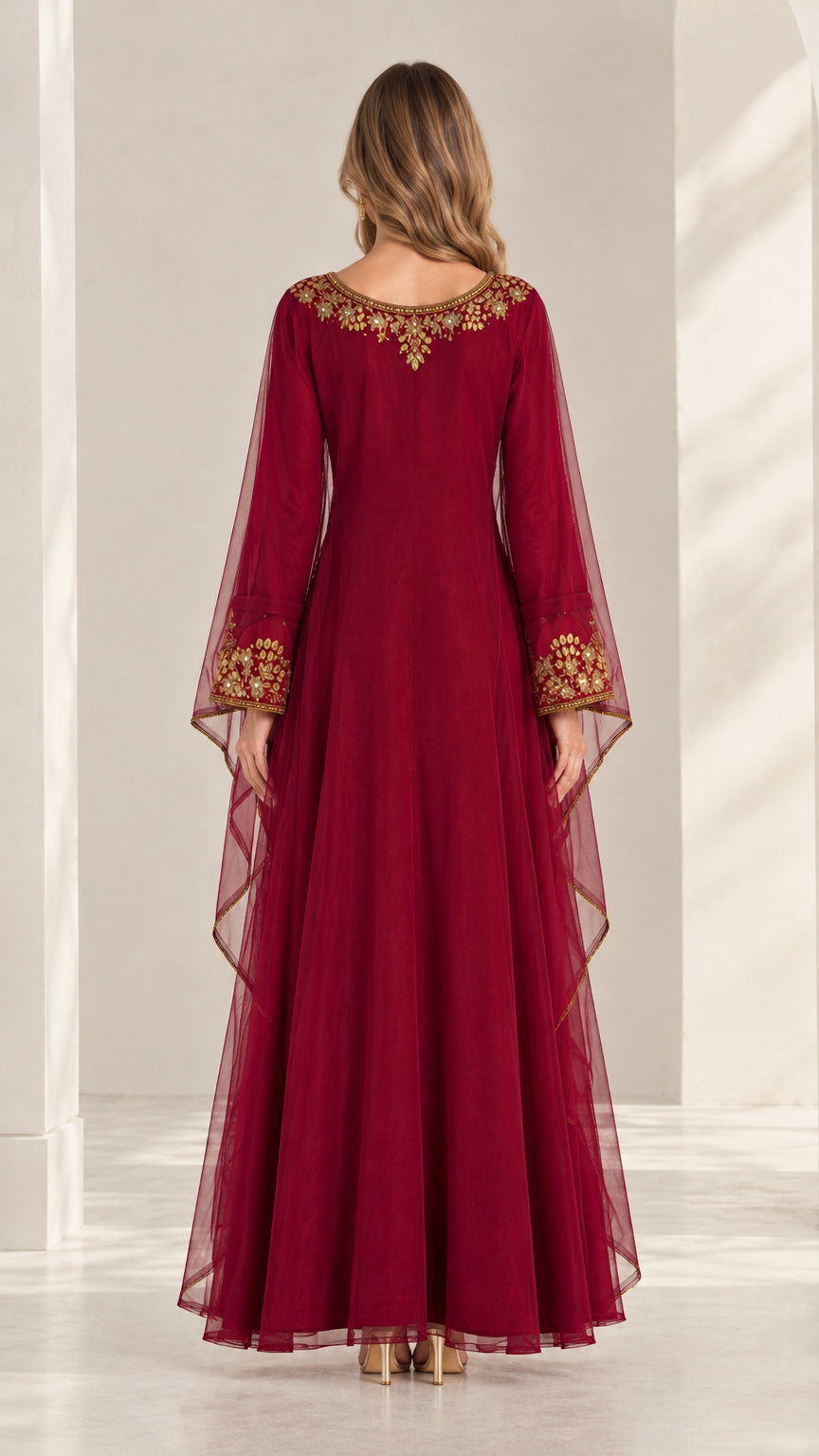 Burgundy embroidered cape sleeve chiffon maxi dress back view