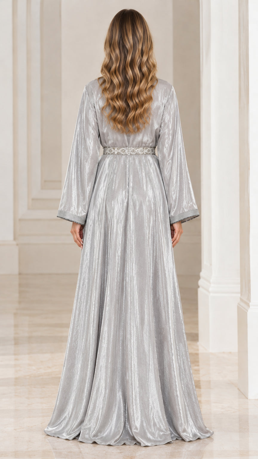 Back view of flowing silver metallic shimmer maxi dress