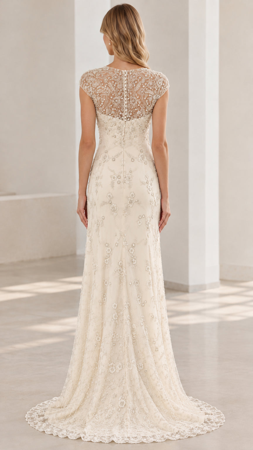 Ivory beaded evening dress showing sheer illusion back and train