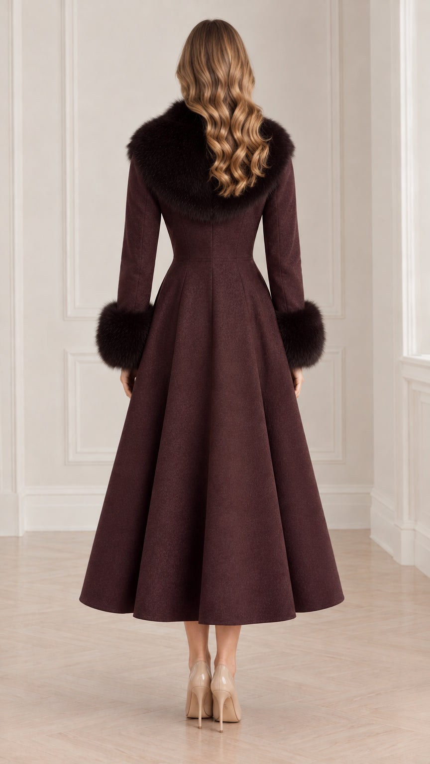 Back view of model wearing Burgundy full A-line swing coat with plush faux fur trim