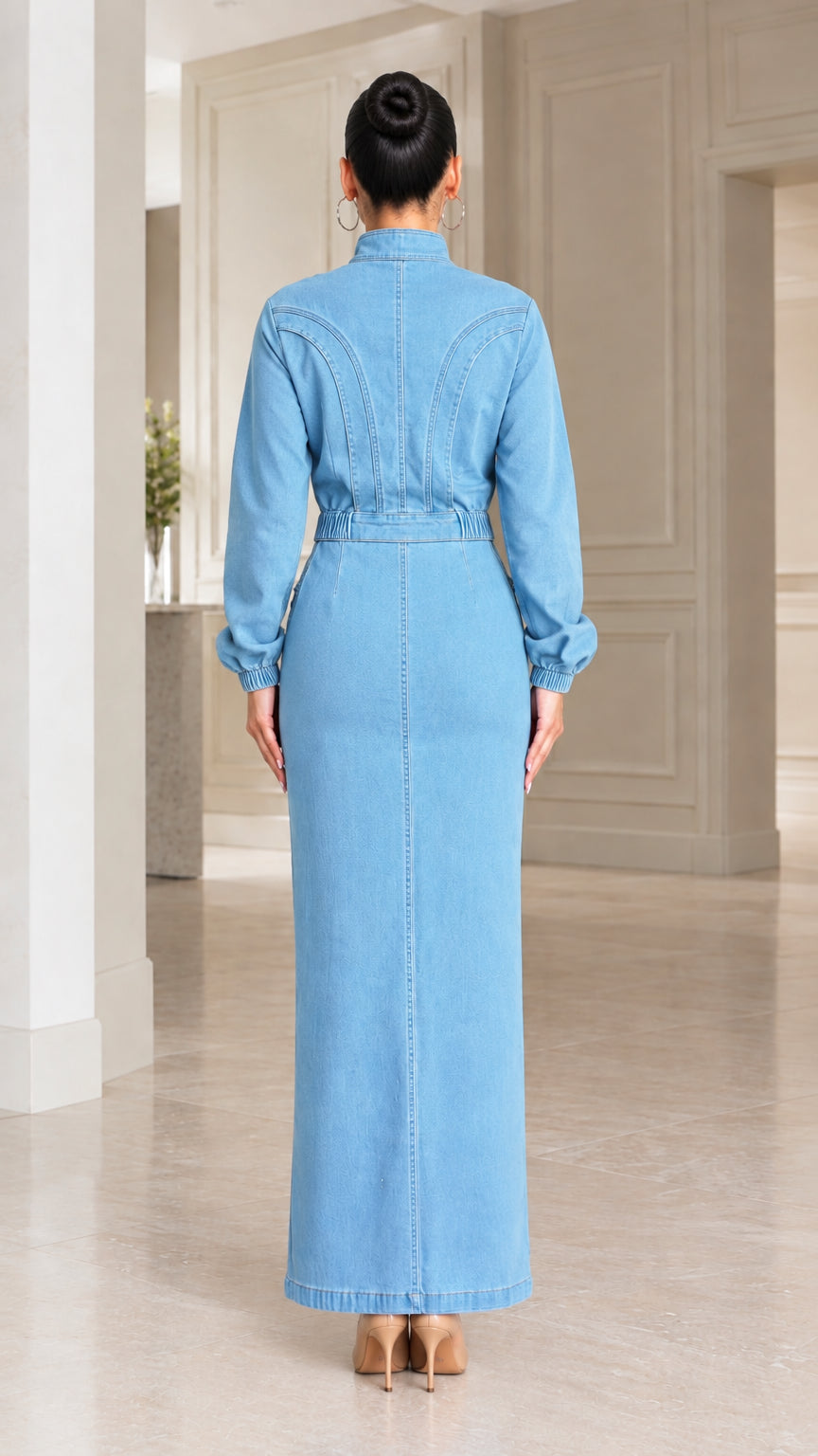 Back view of model showcasing arched seam yoke details on Light Blue denim dress