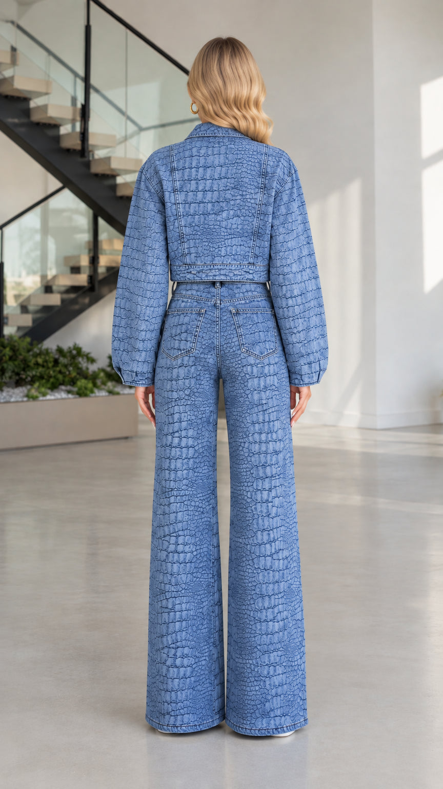 Back view of model wearing Denim Blue croc-textured denim cropped jacket and wide-leg trousers