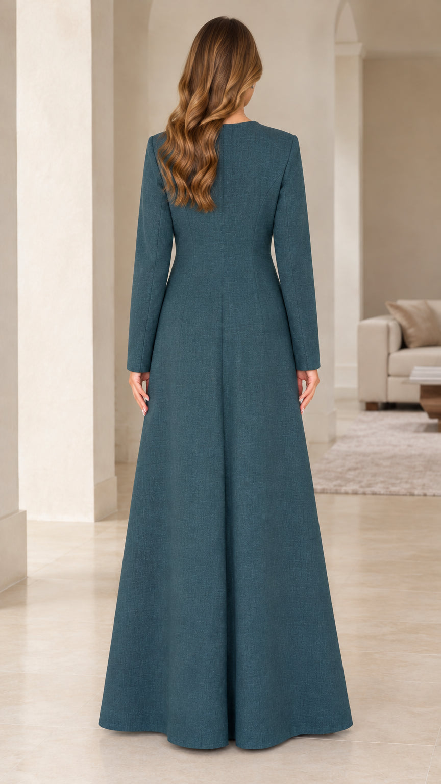 Back view of the tailored teal maxi coat and dress set