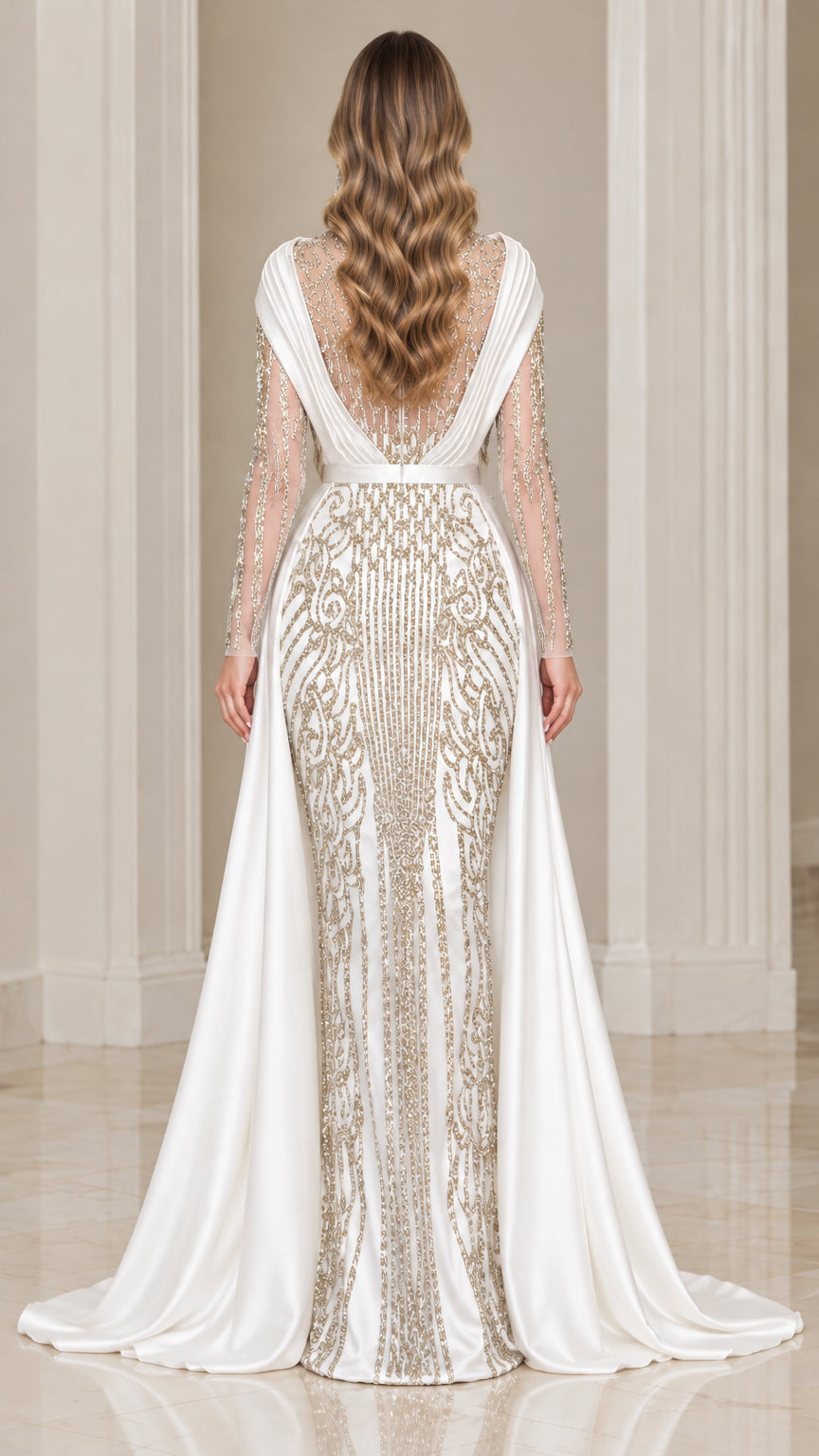 Back view of white crystal-embellished gown with draped satin back and train