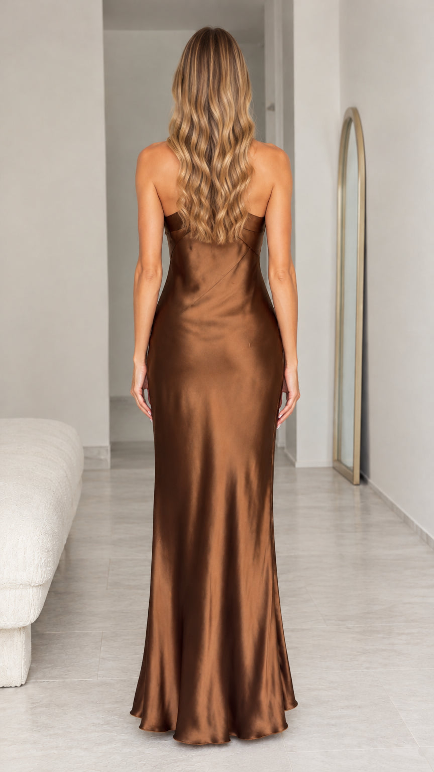 Chocolate brown open back halter evening dress back view