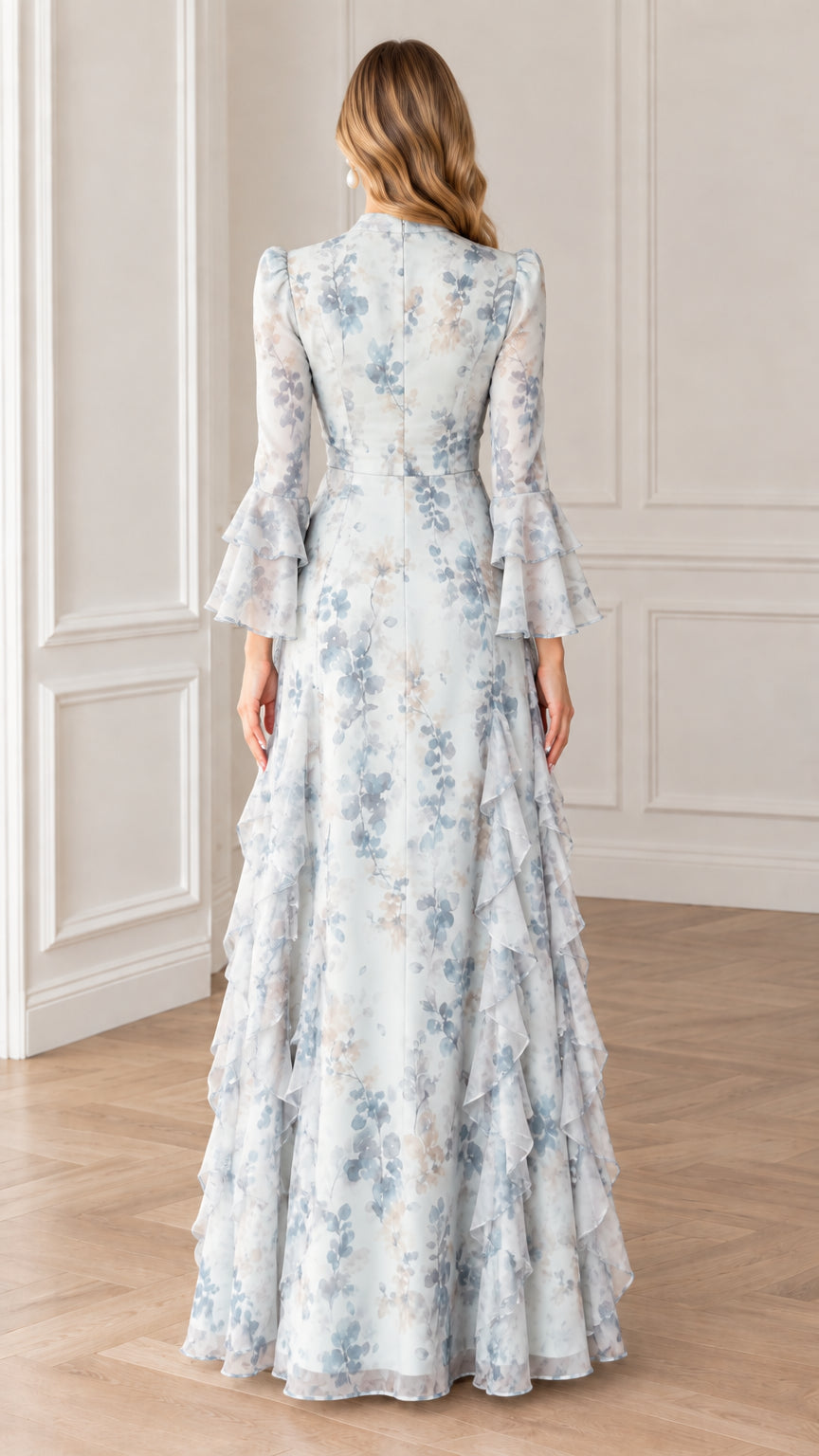 Back view of woman wearing Light Blue floral long-sleeve maxi dress